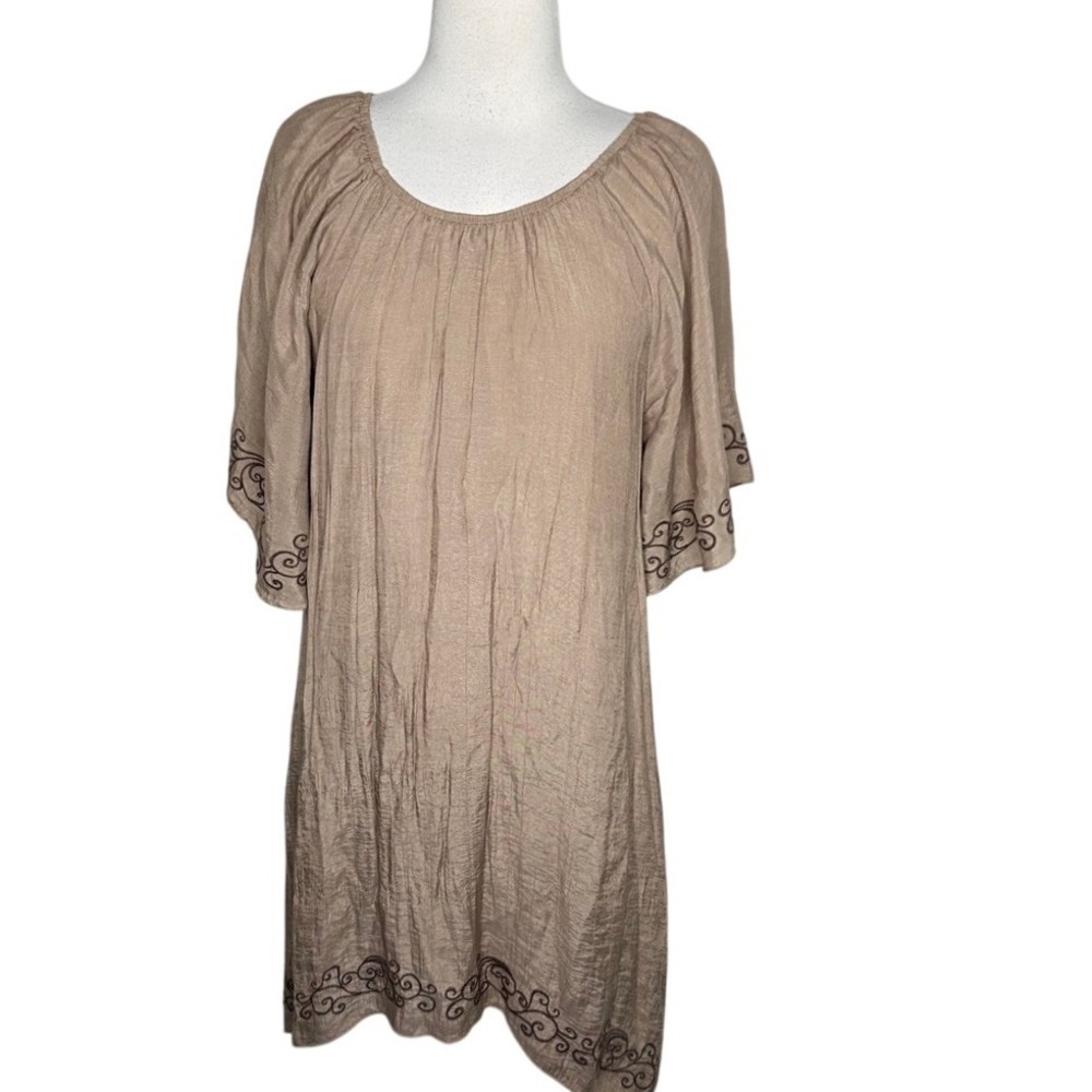 Indigo Soul‎ Dress Brown Embroidered Bohemian Tunic Flowy Short Flutter Sleeve L